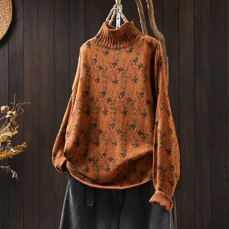 Maglione da donna in cotone con collo alto, manica lunga e motivo a pianta lavorata a maglia Buddha Stones - Arancione scuro - US4, UK/AU8, EU36-38 (F) - image 2