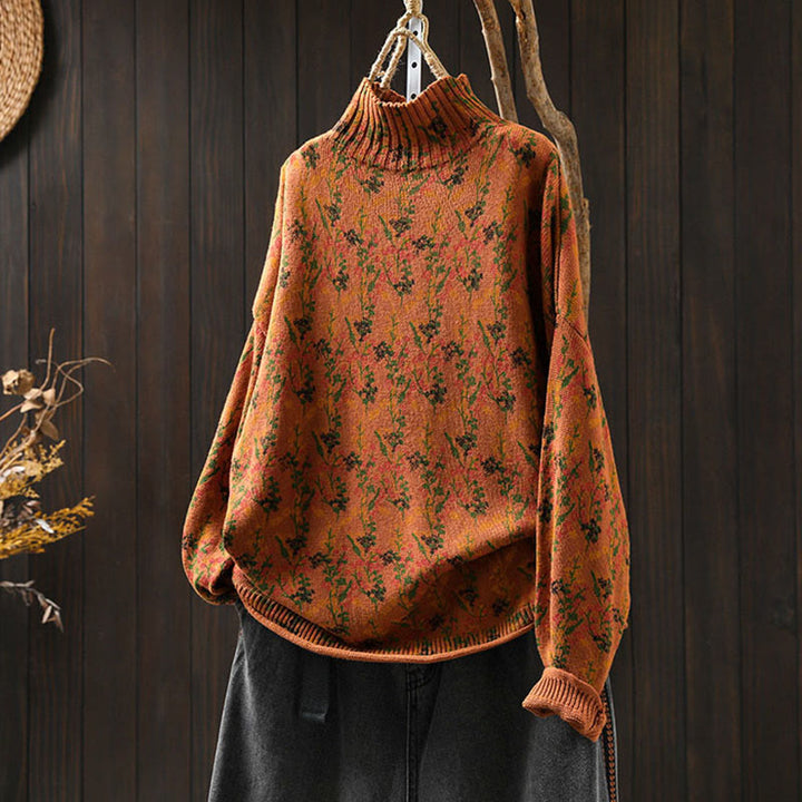 Maglione da donna in cotone con collo alto, manica lunga e motivo a pianta lavorata a maglia Buddha Stones - Arancione scuro - US4, UK/AU8, EU36-38 (F) - image 2