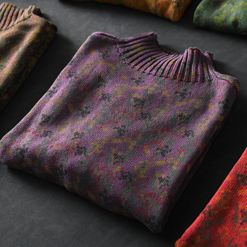 Maglione da donna in cotone con collo alto, manica lunga e motivo a pianta lavorata a maglia Buddha Stones - image 16