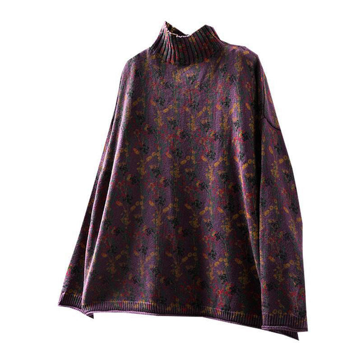 Maglione da donna in cotone con collo alto, manica lunga e motivo a pianta lavorata a maglia Buddha Stones - image 17