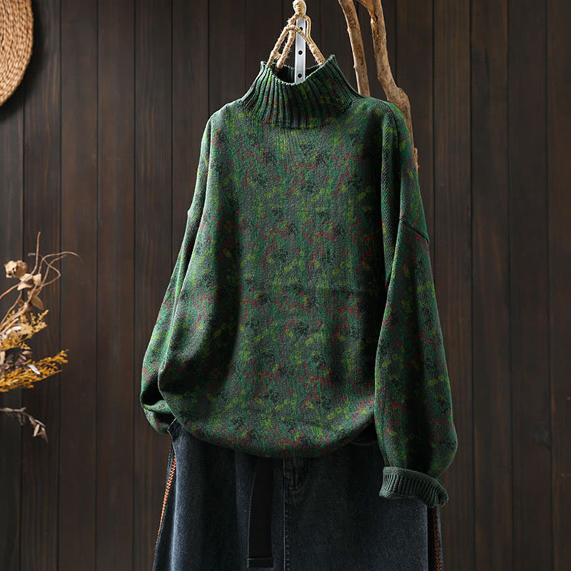 Maglione da donna in cotone con collo alto, manica lunga e motivo a pianta lavorata a maglia Buddha Stones - Verde scuro - US4, UK/AU8, EU36-38 (F) - image 4