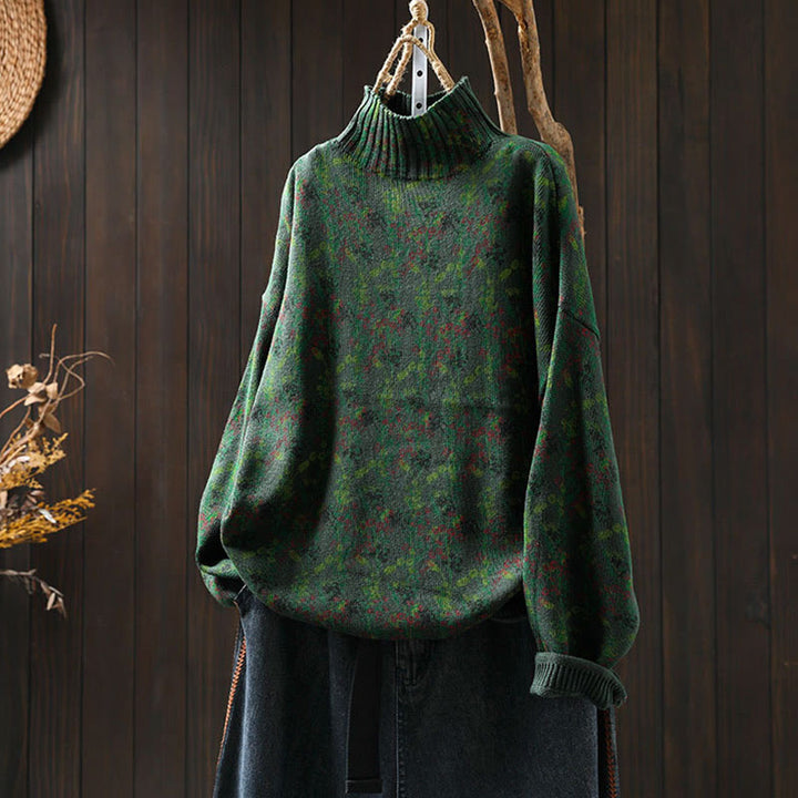 Maglione da donna in cotone con collo alto, manica lunga e motivo a pianta lavorata a maglia Buddha Stones - Verde scuro - US4, UK/AU8, EU36-38 (F) - image 4