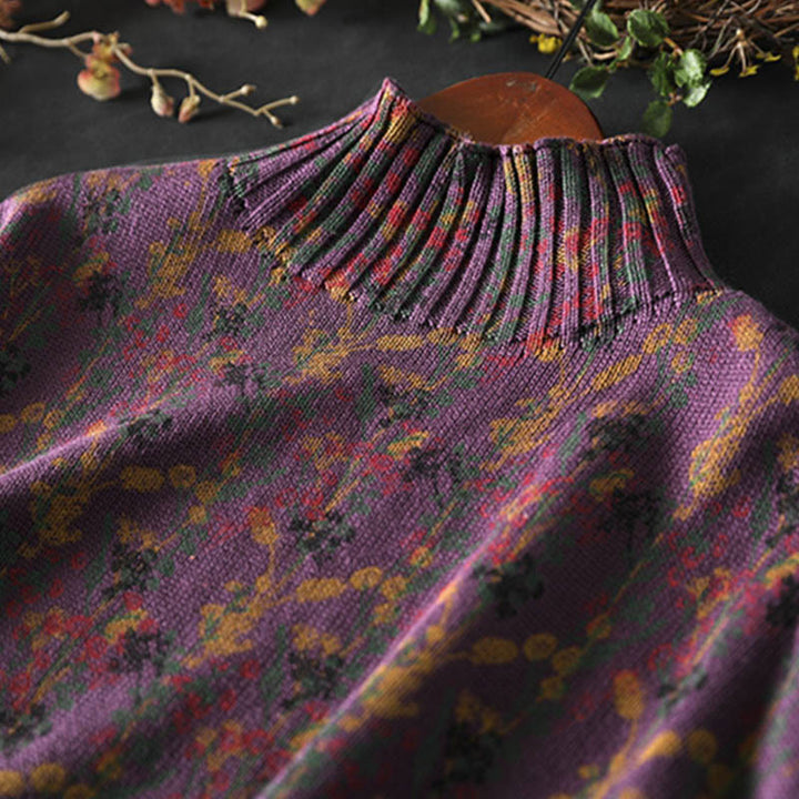 Maglione da donna in cotone con collo alto, manica lunga e motivo a pianta lavorata a maglia Buddha Stones - image 10