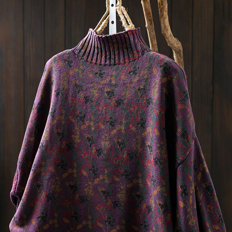 Maglione da donna in cotone con collo alto, manica lunga e motivo a pianta lavorata a maglia Buddha Stones - image 9
