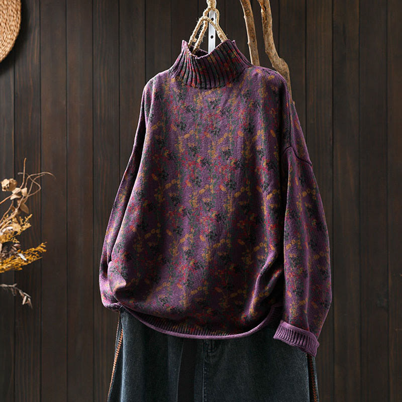 Maglione da donna in cotone con collo alto, manica lunga e motivo a pianta lavorata a maglia Buddha Stones - Magenta scuro - US4, UK/AU8, EU36-38 (F) - image 6