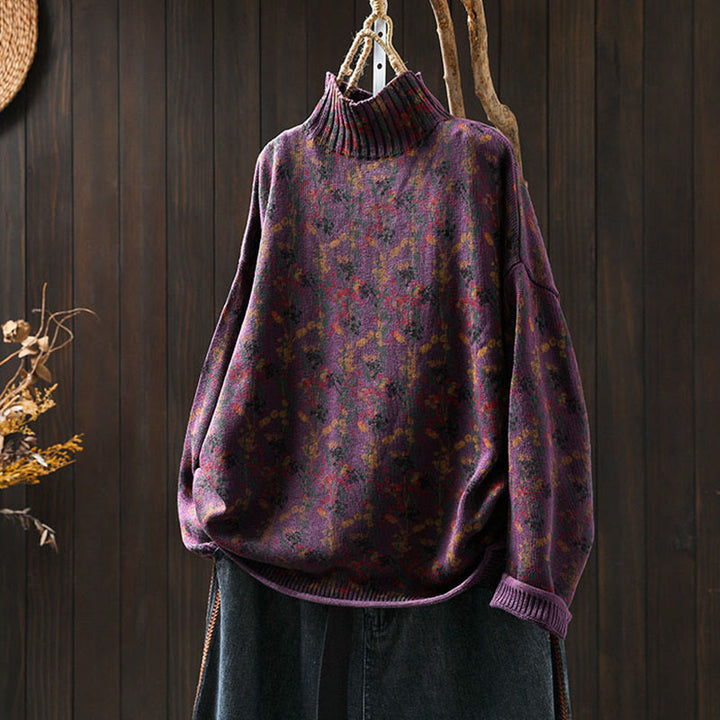 Maglione da donna in cotone con collo alto, manica lunga e motivo a pianta lavorata a maglia Buddha Stones - Magenta scuro - US4, UK/AU8, EU36-38 (F) - image 6