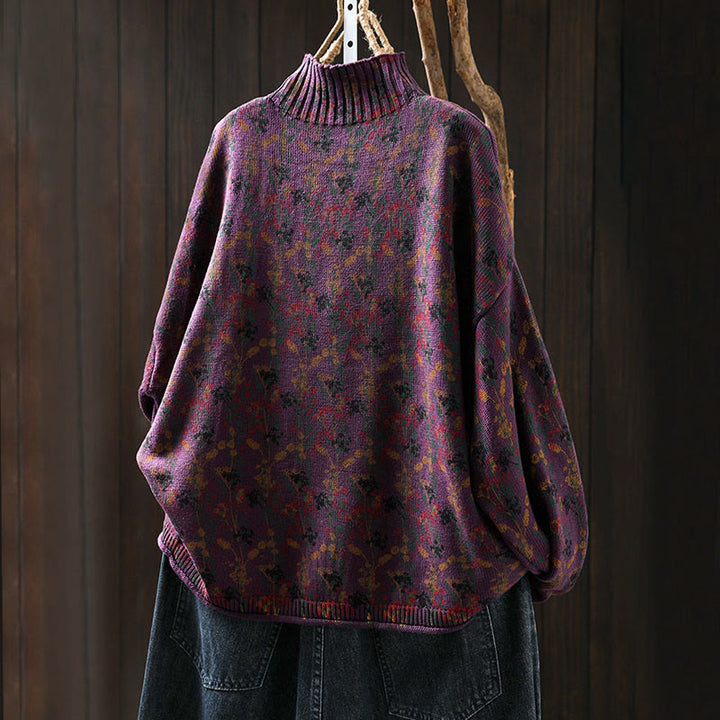 Maglione da donna in cotone con collo alto, manica lunga e motivo a pianta lavorata a maglia Buddha Stones - image 7