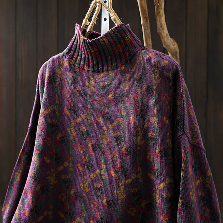 Maglione da donna in cotone con collo alto, manica lunga e motivo a pianta lavorata a maglia Buddha Stones - image 8