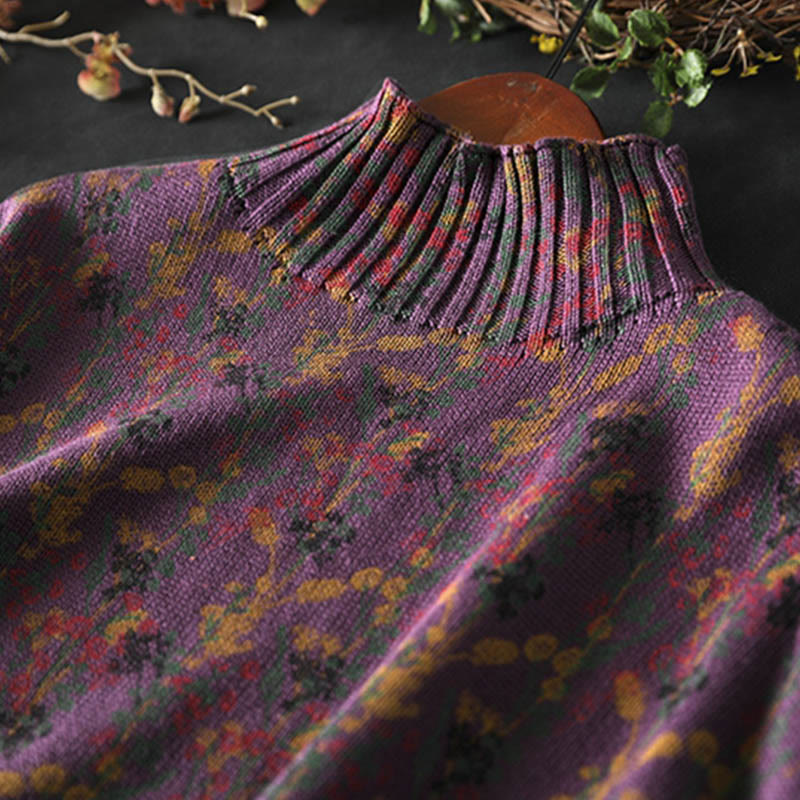 Maglione da donna in cotone con collo alto, manica lunga e motivo a pianta lavorata a maglia Buddha Stones - image 10