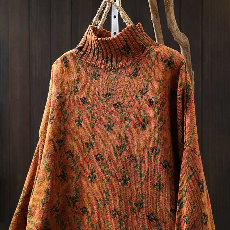 Maglione da donna in cotone con collo alto, manica lunga e motivo a pianta lavorata a maglia Buddha Stones - image 3