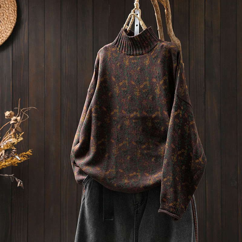 Maglione da donna in cotone con collo alto, manica lunga e motivo a pianta lavorata a maglia Buddha Stones - Marrone sella - US4, UK/AU8, EU36-38 (F) - image 22