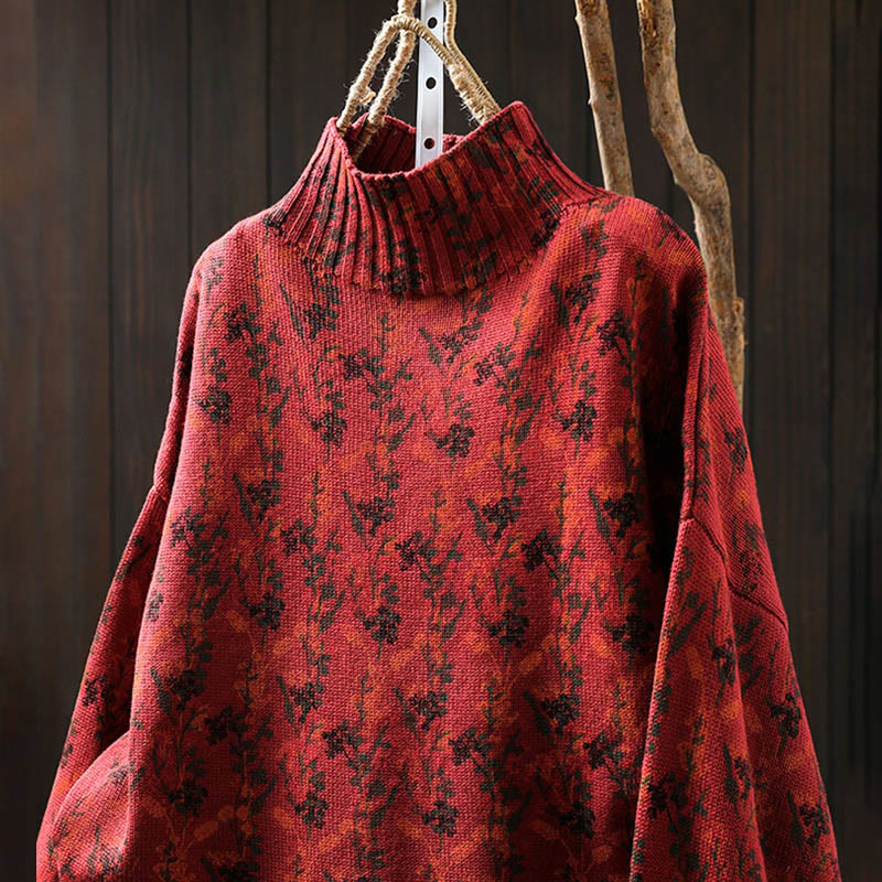 Maglione da donna in cotone con collo alto, manica lunga e motivo a pianta lavorata a maglia Buddha Stones - image 21