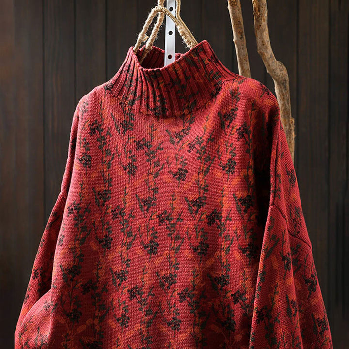 Maglione da donna in cotone con collo alto, manica lunga e motivo a pianta lavorata a maglia Buddha Stones - image 21