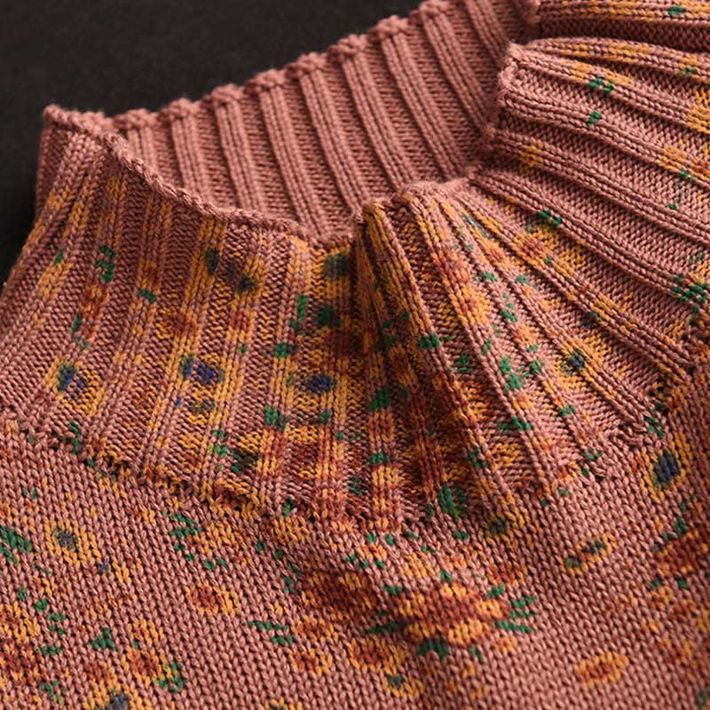 Maglione da donna in cotone lavorato a maglia con collo alto, manica lunga e stampa floreale autunnale Buddha Stones - image 3