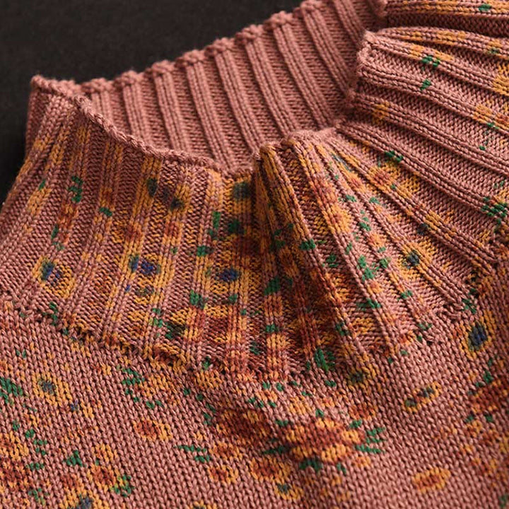 Maglione da donna in cotone lavorato a maglia con collo alto, manica lunga e stampa floreale autunnale Buddha Stones - image 3