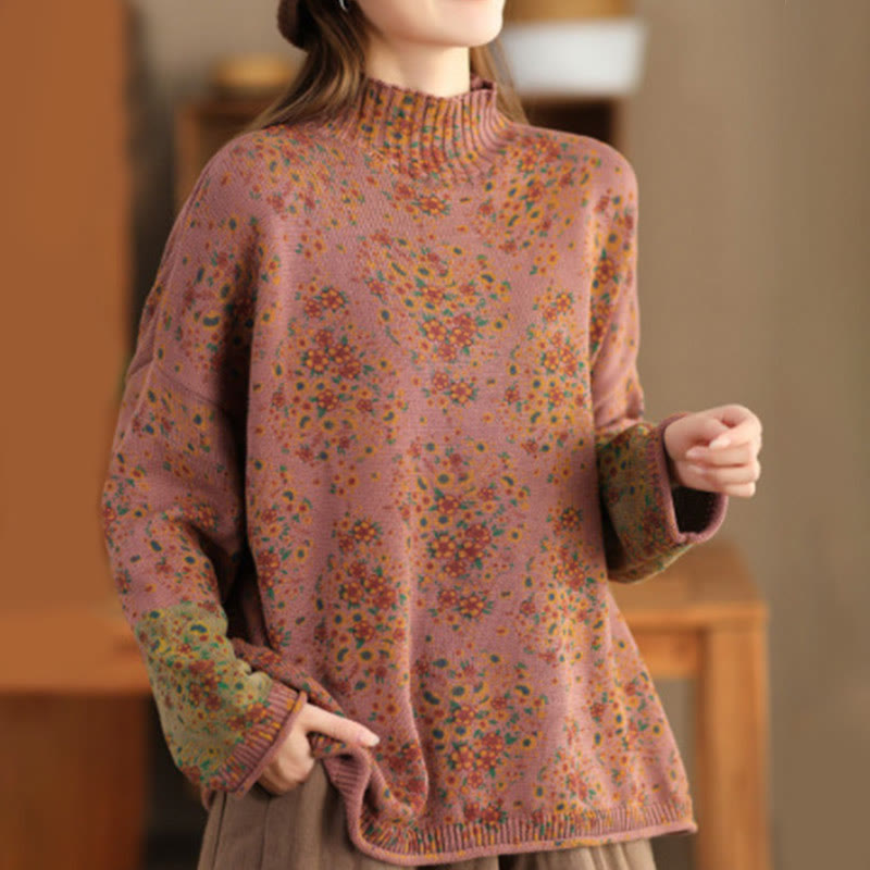 Maglione da donna in cotone lavorato a maglia con collo alto, manica lunga e stampa floreale autunnale Buddha Stones - SandyBrown - US4， UK/AU8，EU36-44 (F) - image 0