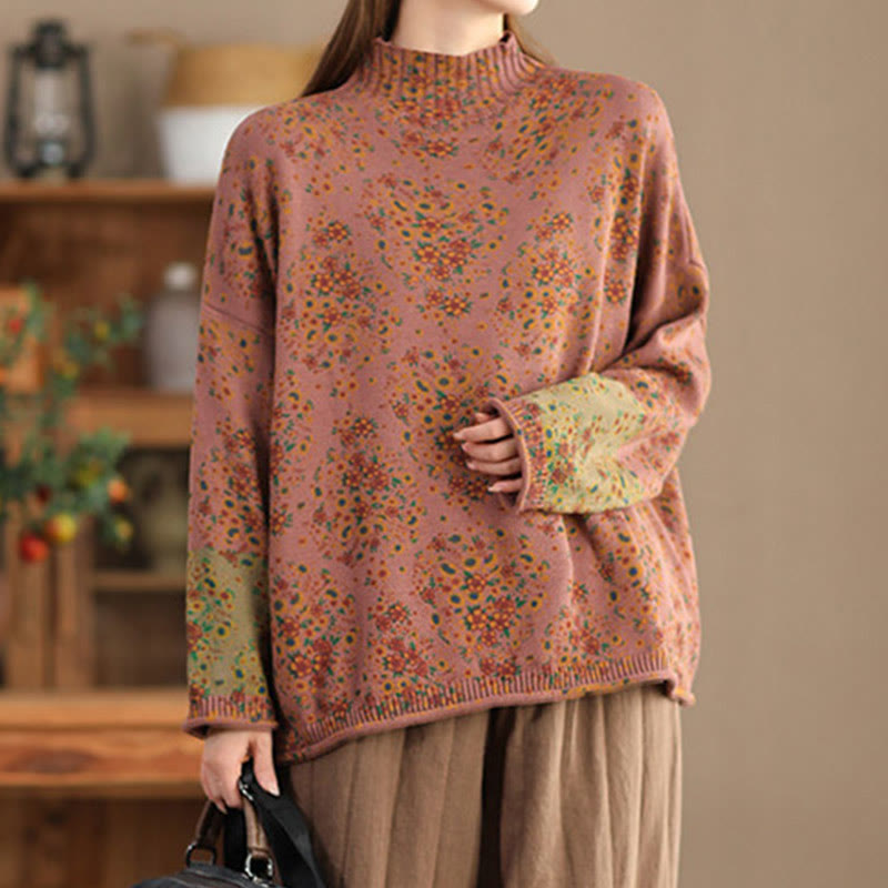 Maglione da donna a maniche lunghe con collo alto e stampa floreale autunnale Buddha Stones. - image 1