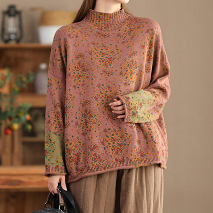 Maglione da donna a maniche lunghe con collo alto e stampa floreale autunnale Buddha Stones. - image 1