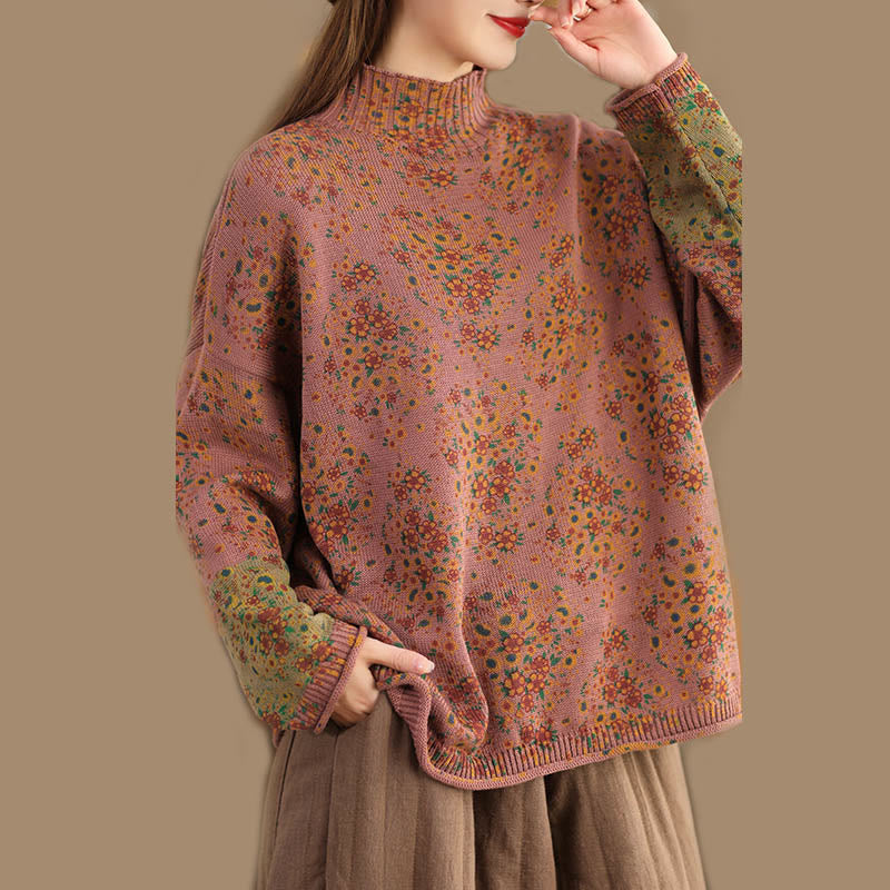 Maglione da donna a maniche lunghe con collo alto e stampa floreale autunnale Buddha Stones. - image 2