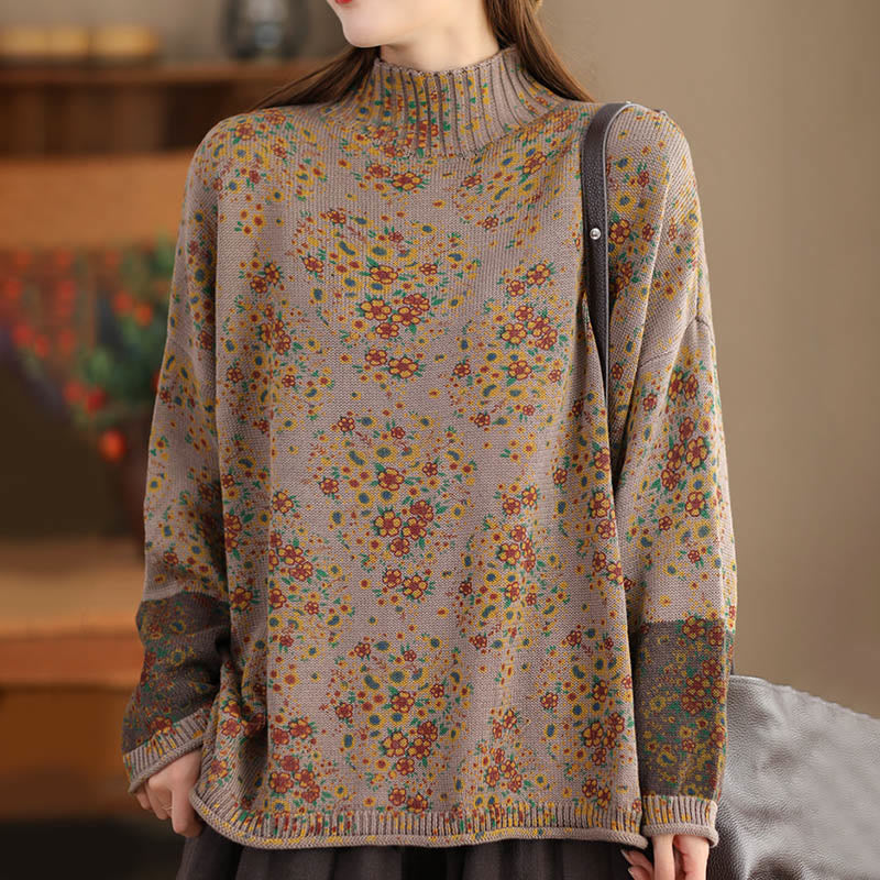 Maglione da donna in cotone lavorato a maglia con collo alto, manica lunga e stampa floreale autunnale Buddha Stones - image 12