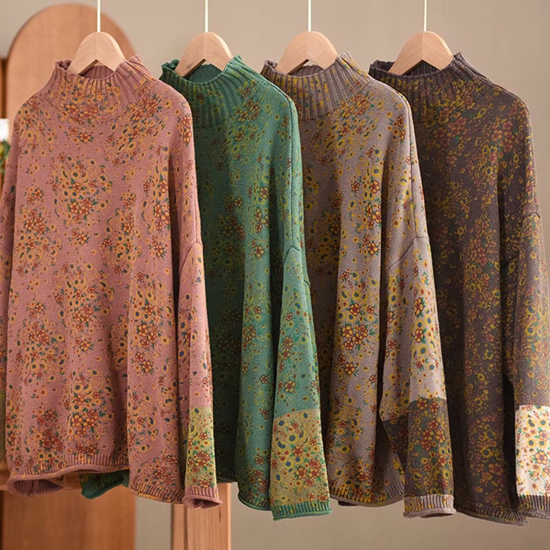 Maglione da donna a maniche lunghe con collo alto e stampa floreale autunnale Buddha Stones. - image 19