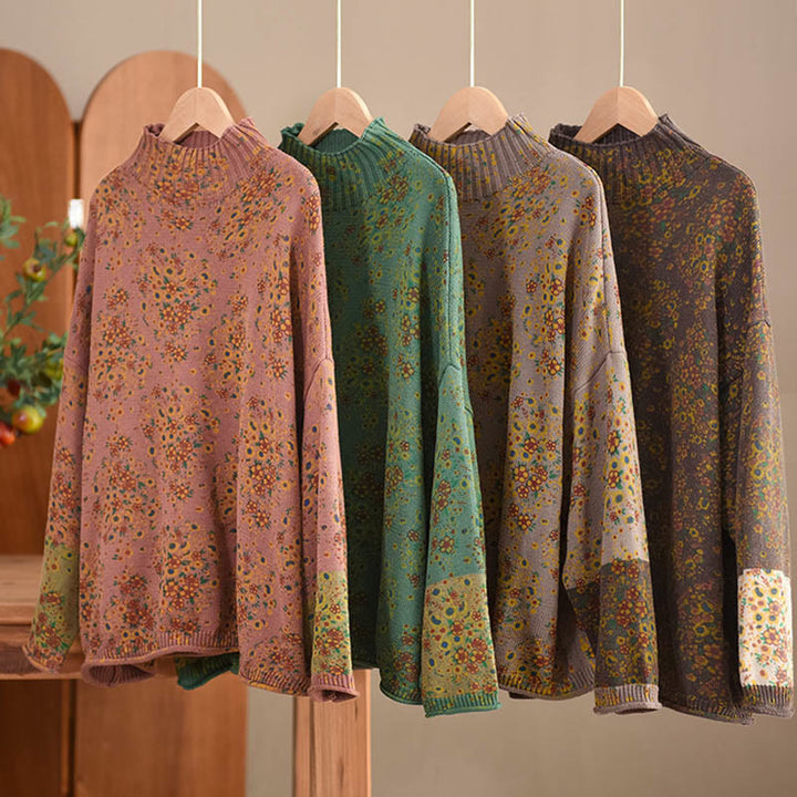 Maglione da donna in cotone lavorato a maglia con collo alto, manica lunga e stampa floreale autunnale Buddha Stones - image 20