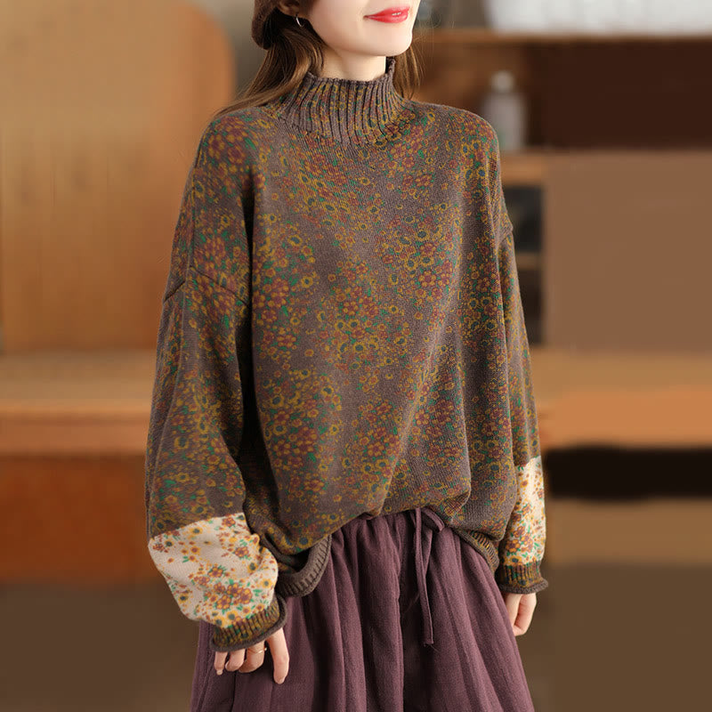 Maglione da donna in cotone lavorato a maglia con collo alto, manica lunga e stampa floreale autunnale Buddha Stones - Marrone sella - US4， UK/AU8，EU36-44 (F) - image 18