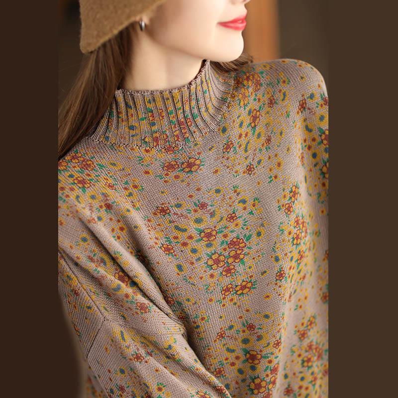 Maglione da donna in cotone lavorato a maglia con collo alto, manica lunga e stampa floreale autunnale Buddha Stones - image 14