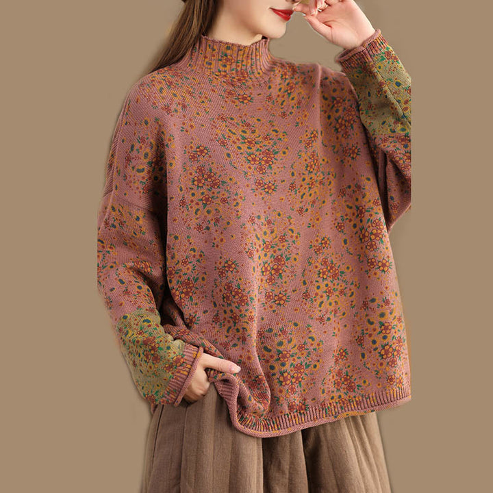 Maglione da donna a maniche lunghe con collo alto e stampa floreale autunnale Buddha Stones. - image 2