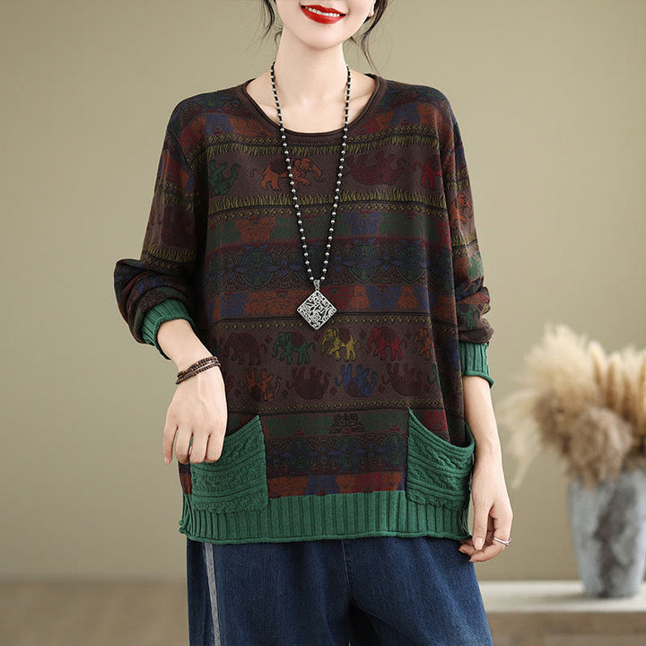Maglione da donna in cotone lavorato a maglia con maniche lunghe e tasche, motivo elefante autunnale Buddha Stones - image 14
