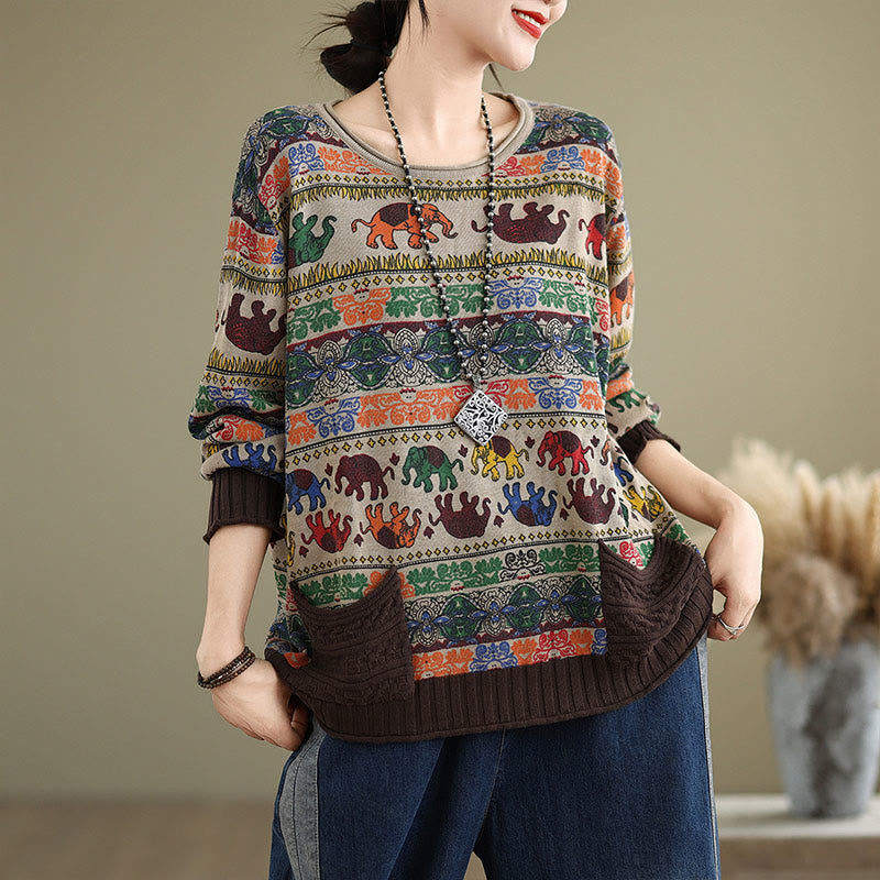 Maglione da donna in cotone lavorato a maglia con maniche lunghe e tasche, motivo elefante autunnale Buddha Stones - image 0
