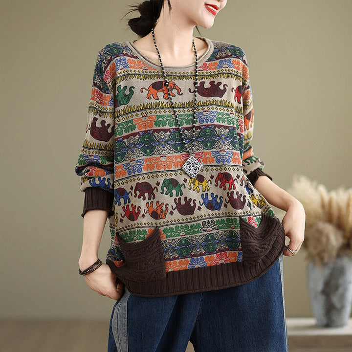 Maglione da donna in cotone lavorato a maglia con maniche lunghe e tasche, motivo elefante autunnale Buddha Stones - image 0