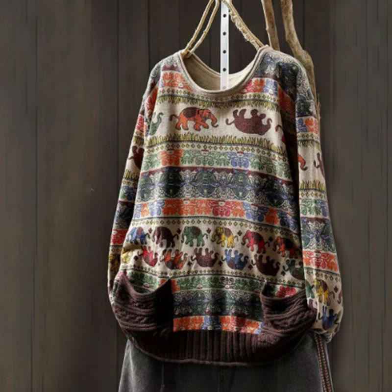 Maglione da donna in cotone lavorato a maglia con maniche lunghe e tasche, motivo elefante autunnale Buddha Stones - image 5