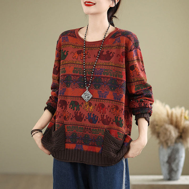 Maglione da donna in cotone lavorato a maglia con maniche lunghe e tasche, motivo elefante autunnale Buddha Stones - image 21