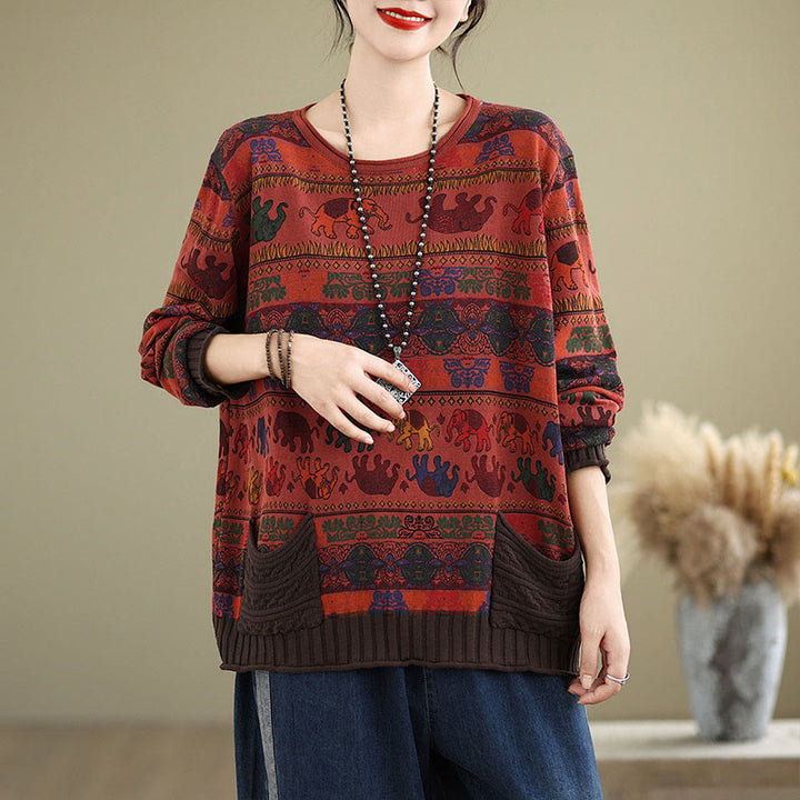 Maglione da donna in cotone lavorato a maglia con maniche lunghe e tasche, motivo elefante autunnale Buddha Stones - FireBrick - US4, UK/AU8, EU36-38 (F) - image 19
