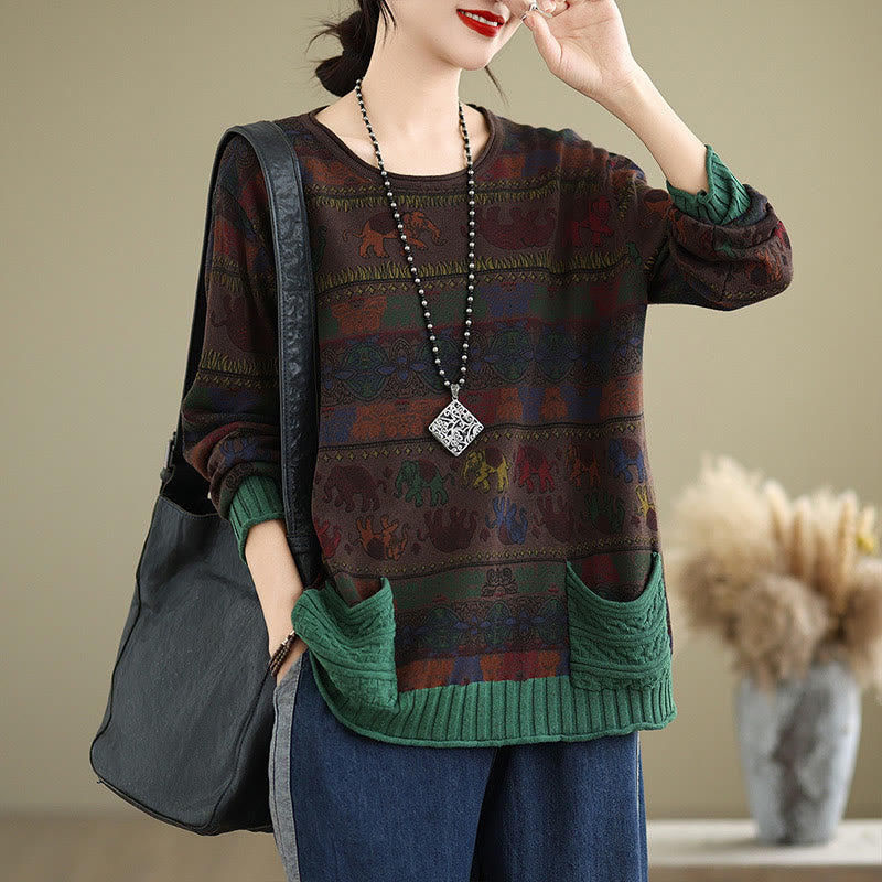 Maglione da donna in cotone lavorato a maglia con maniche lunghe e tasche, motivo elefante autunnale Buddha Stones - Marrone sella - US4， UK/AU8，EU36-38 (F) - image 13