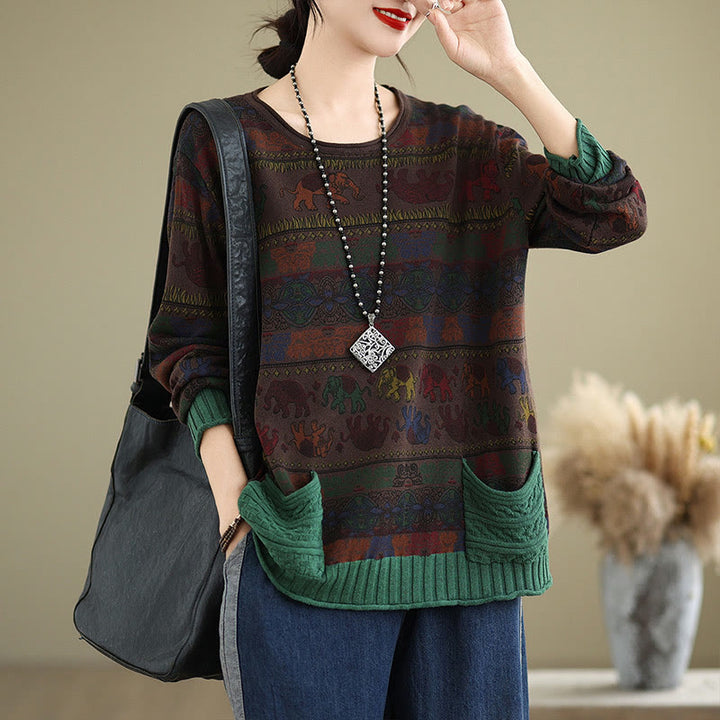 Maglione da donna in cotone lavorato a maglia con maniche lunghe e tasche, motivo elefante autunnale Buddha Stones - Marrone sella - US4， UK/AU8，EU36-38 (F) - image 13