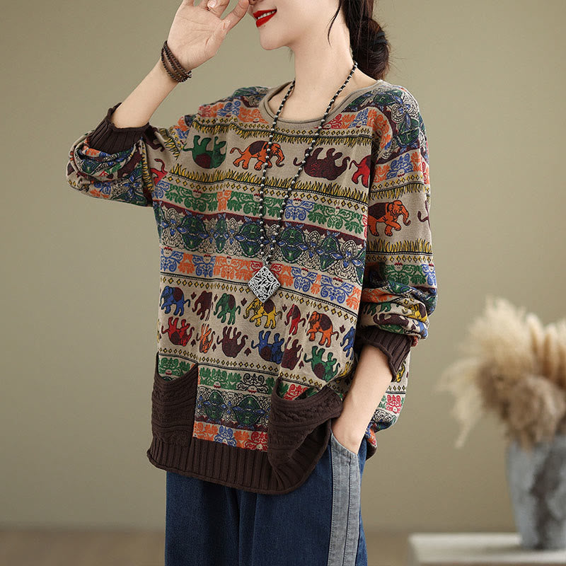 Maglione da donna in cotone lavorato a maglia con maniche lunghe e tasche, motivo elefante autunnale Buddha Stones - image 2