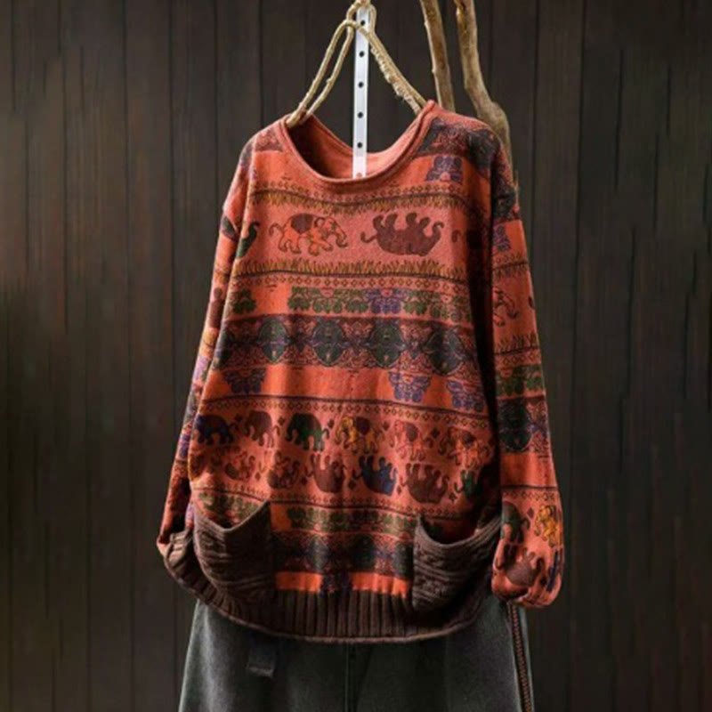 Maglione da donna in cotone lavorato a maglia con maniche lunghe e tasche, motivo elefante autunnale Buddha Stones - image 24