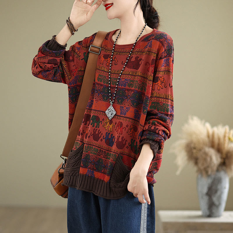 Maglione da donna in cotone lavorato a maglia con maniche lunghe e tasche, motivo elefante autunnale Buddha Stones - image 22