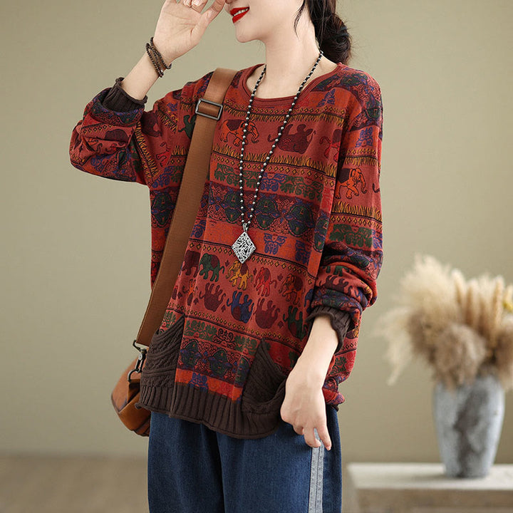 Maglione da donna in cotone lavorato a maglia con maniche lunghe e tasche, motivo elefante autunnale Buddha Stones - image 22