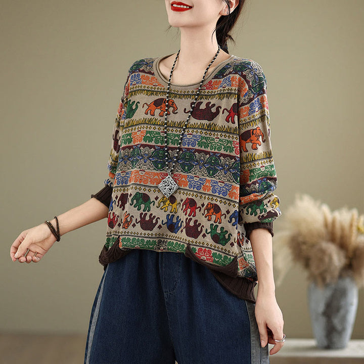 Maglione da donna in cotone lavorato a maglia con maniche lunghe e tasche, motivo elefante autunnale Buddha Stones - image 3