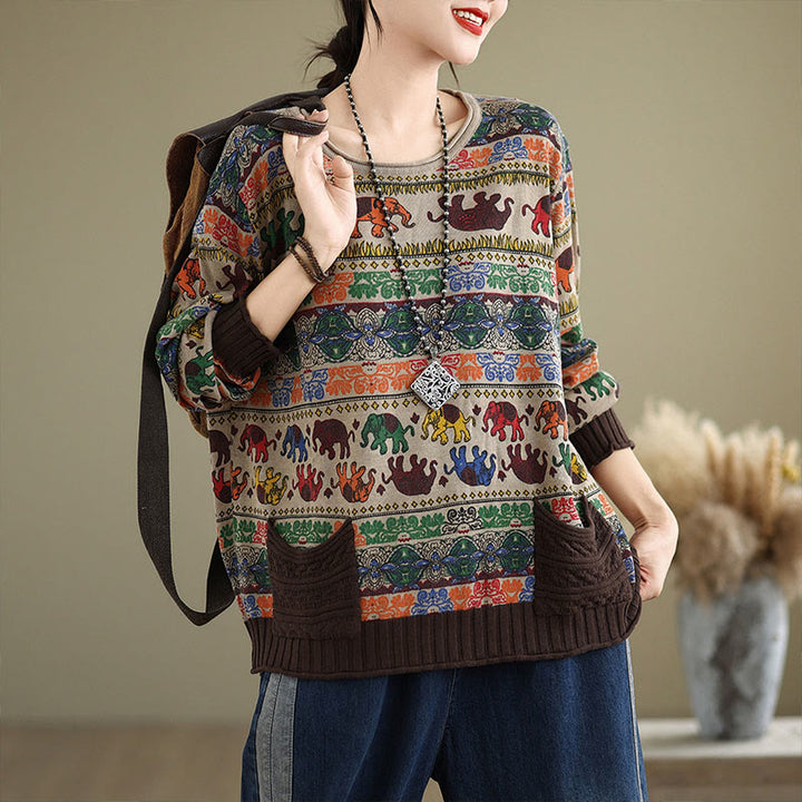 Maglione da donna in cotone lavorato a maglia con maniche lunghe e tasche, motivo elefante autunnale Buddha Stones - Tan - US4, UK/AU8, EU36-38 (F) - image 1