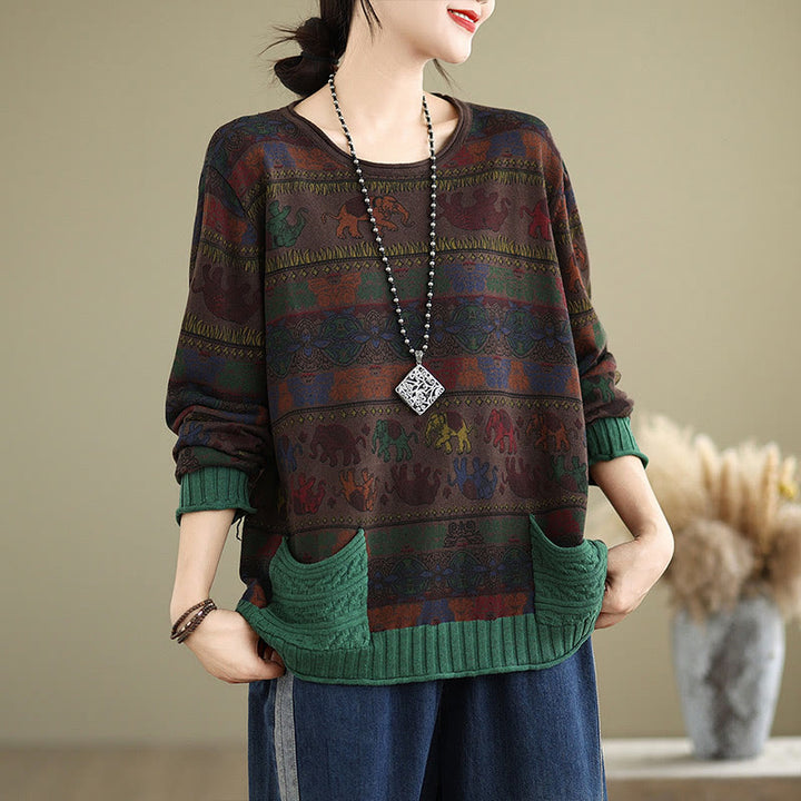 Maglione da donna in cotone lavorato a maglia con maniche lunghe e tasche, motivo elefante autunnale Buddha Stones - image 17