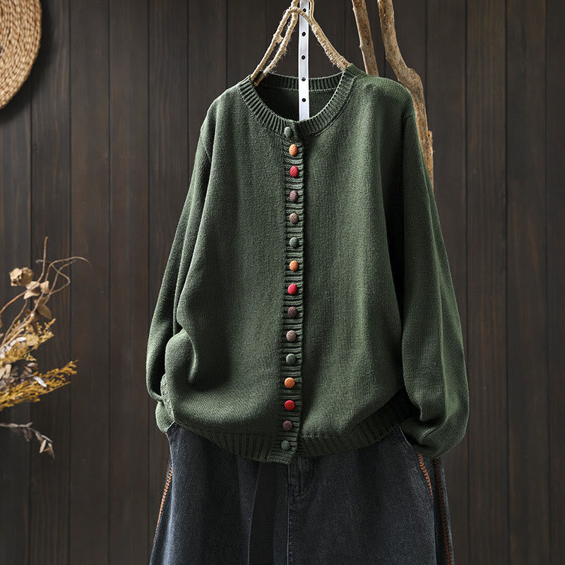 Cardigan da donna in cotone a maniche lunghe con bottoni colorati, lavorato a maglia semplice, motivo Buddha Stones - SeaGreen - US4， UK/AU8，EU36-38 (F) - image 0