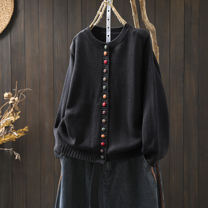 Cardigan da donna in cotone a maniche lunghe con bottoni colorati, lavorato a maglia semplice, motivo Buddha Stones - Nero - US4， UK/AU8，EU36-38 (F) - image 2