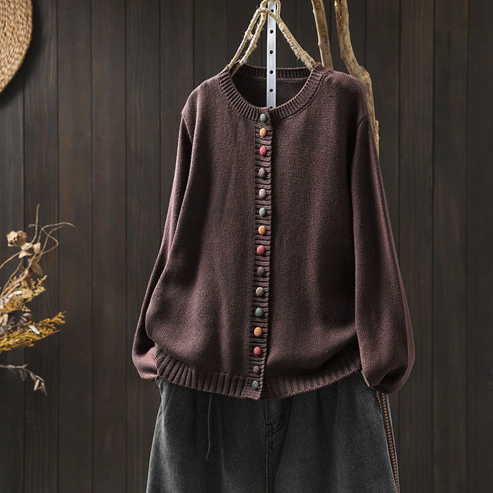 Cardigan da donna in cotone a maniche lunghe con bottoni colorati, lavorato a maglia semplice, motivo Buddha Stones - Marrone sella - US4， UK/AU8，EU36-38 (F) - image 18