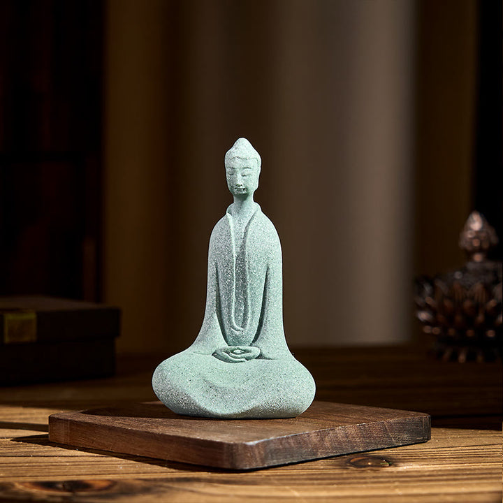Buddha Stones Statua di Buddha da meditazione in arenaria Figura per la casa Decorazione per scrivania 6*4,5*9,5 cm - image 2