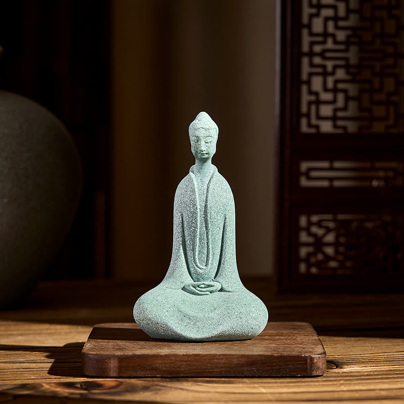 Buddha Stones Statua di Buddha da meditazione in arenaria Figura per la casa Decorazione per scrivania 6*4,5*9,5 cm - image 1