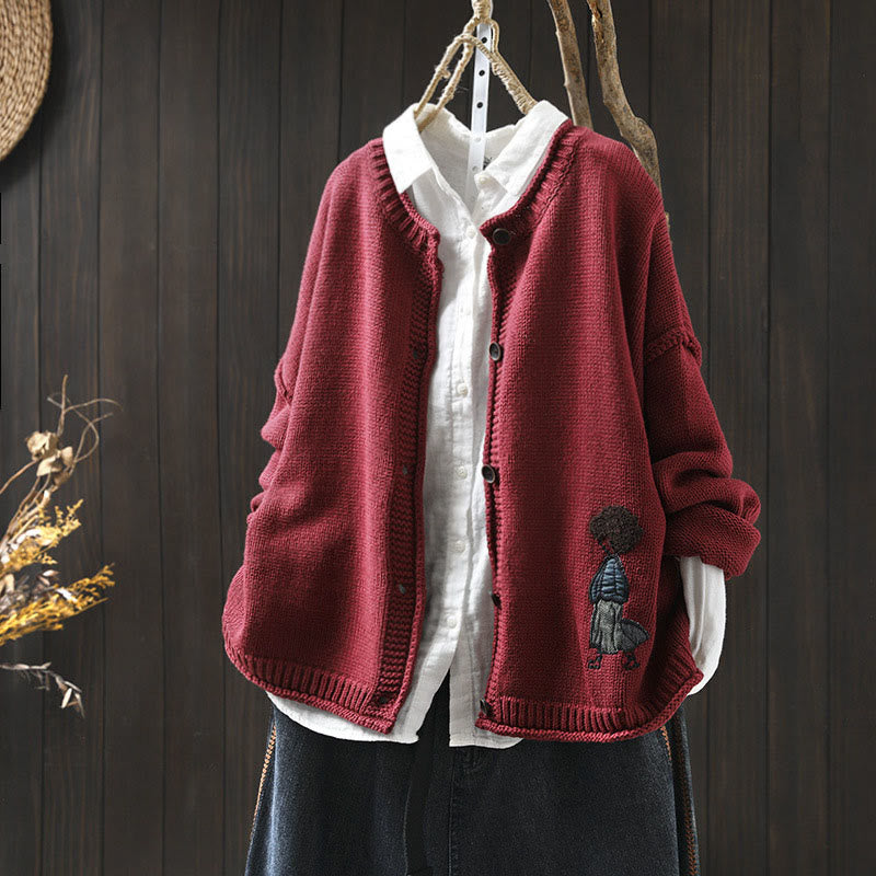 Cardigan da donna in cotone con maniche lunghe e bottoni, motivo patchwork Buddha Stones - Rosso scuro - US4， UK/AU8，EU36-38 (F) - image 11